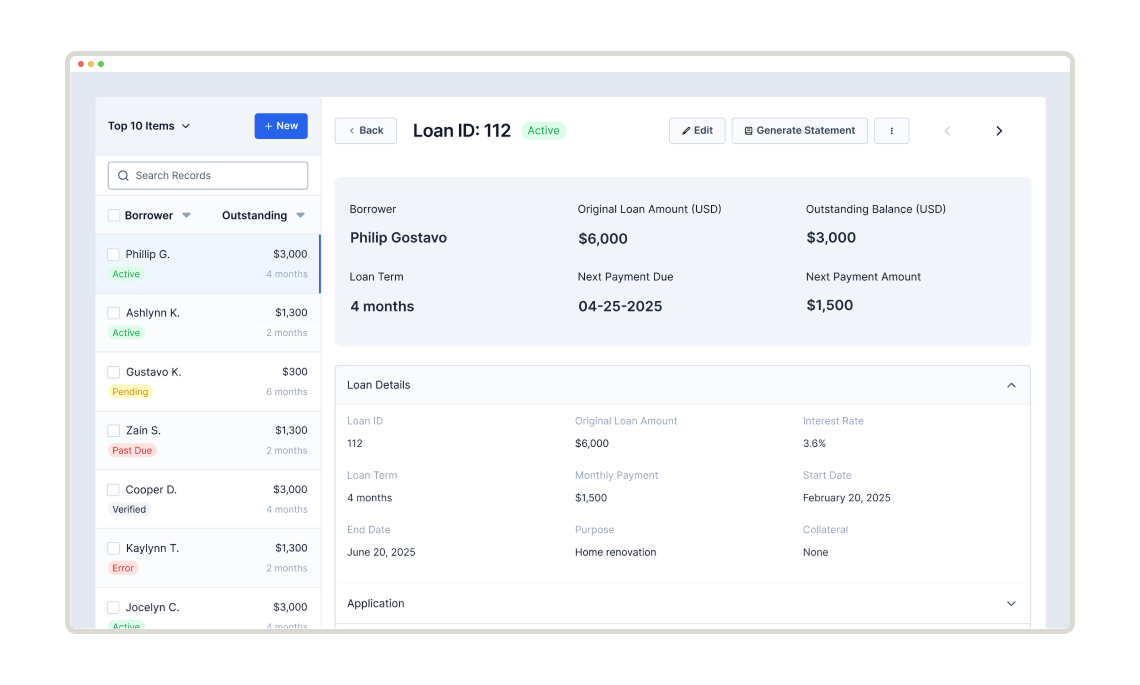 Loan Management Software Screen